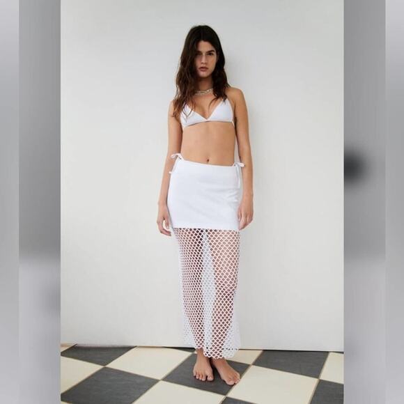 Zara White SKIRT WITH MESH TRIM Size Large - Picture 2 of 10